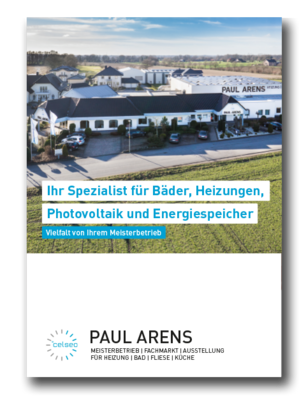 Das Bild zeigt ein modernes Geschäftshaus mit dem Namen 'Paul Arens', umgeben von einer grünen Landschaft und blauen Himmel.